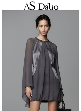 AS DALIO灰色真丝水袖连衣裙灵动飘逸质感拼接不规则袖口精致短裙