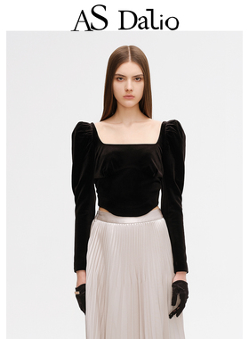 ASDALIO设计师款方领丝绒泡泡袖短款上衣黑色知性高腰显瘦上衣女