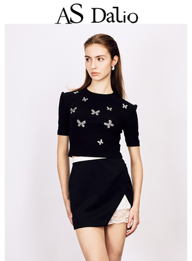 AS DALIO春夏精致黑色针织小蝴蝶烫钻上衣正肩显瘦短款修身T恤女