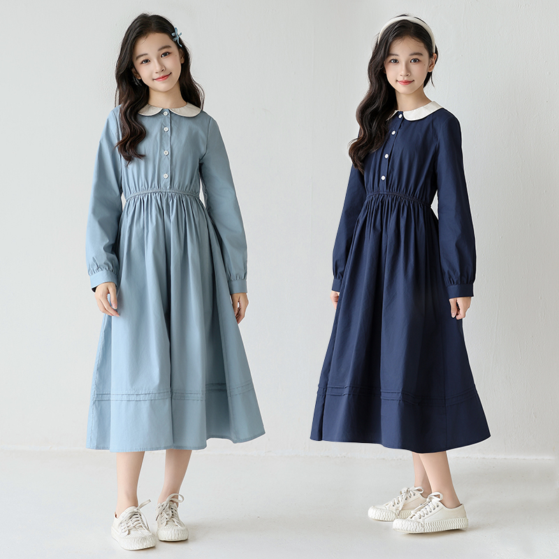 女童秋季长袖连衣裙2025新款中大童韩版收腰简约裙子女孩百搭长裙