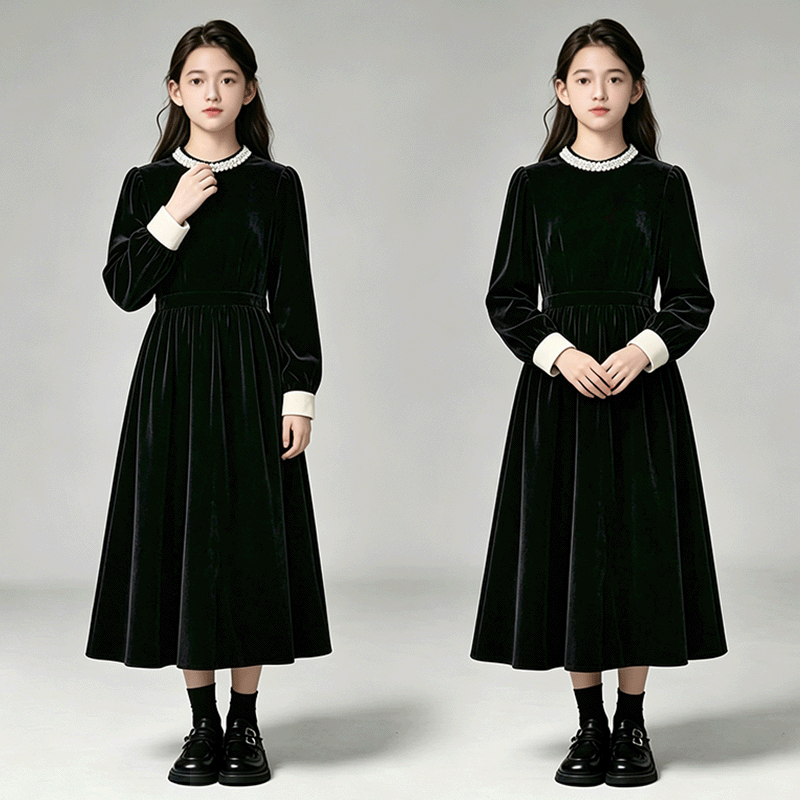 女童丝绒法式连衣裙2026新款中大童韩版花边领简约长裙女孩气质裙