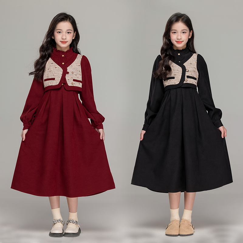 女童红色加绒连衣裙2025新款中大童加厚假两件裙子女孩气质长裙子