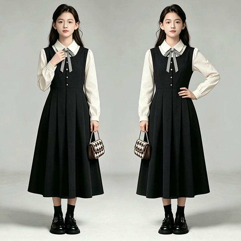 女童秋季假两件连衣裙2026新款中大童韩版学院风裙子女孩收腰长裙
