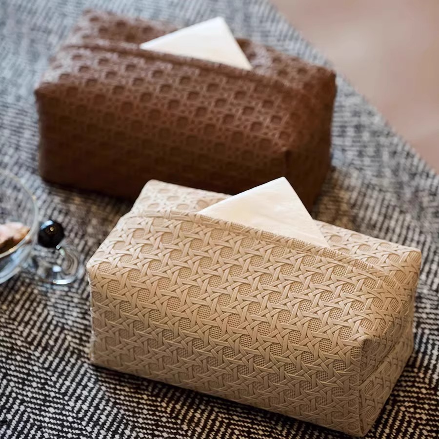 藤编纹仿真皮纸巾盒轻奢皮革抽纸收纳盒客厅卧室桌上纸抽盒高级感