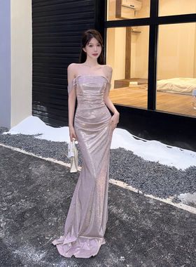 小可wiwi性感一字肩亮片礼服女修身包臀长裙时尚晚宴风气质连衣裙