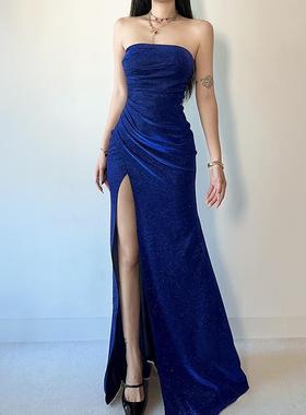 小可wiwi蓝色闪闪高级生日宴会晚礼服性感开叉长裙女抹胸连衣裙