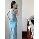 小可wiwi新中式 设计感气质蓝色抹胸连衣裙女性感开叉复古国风长裙