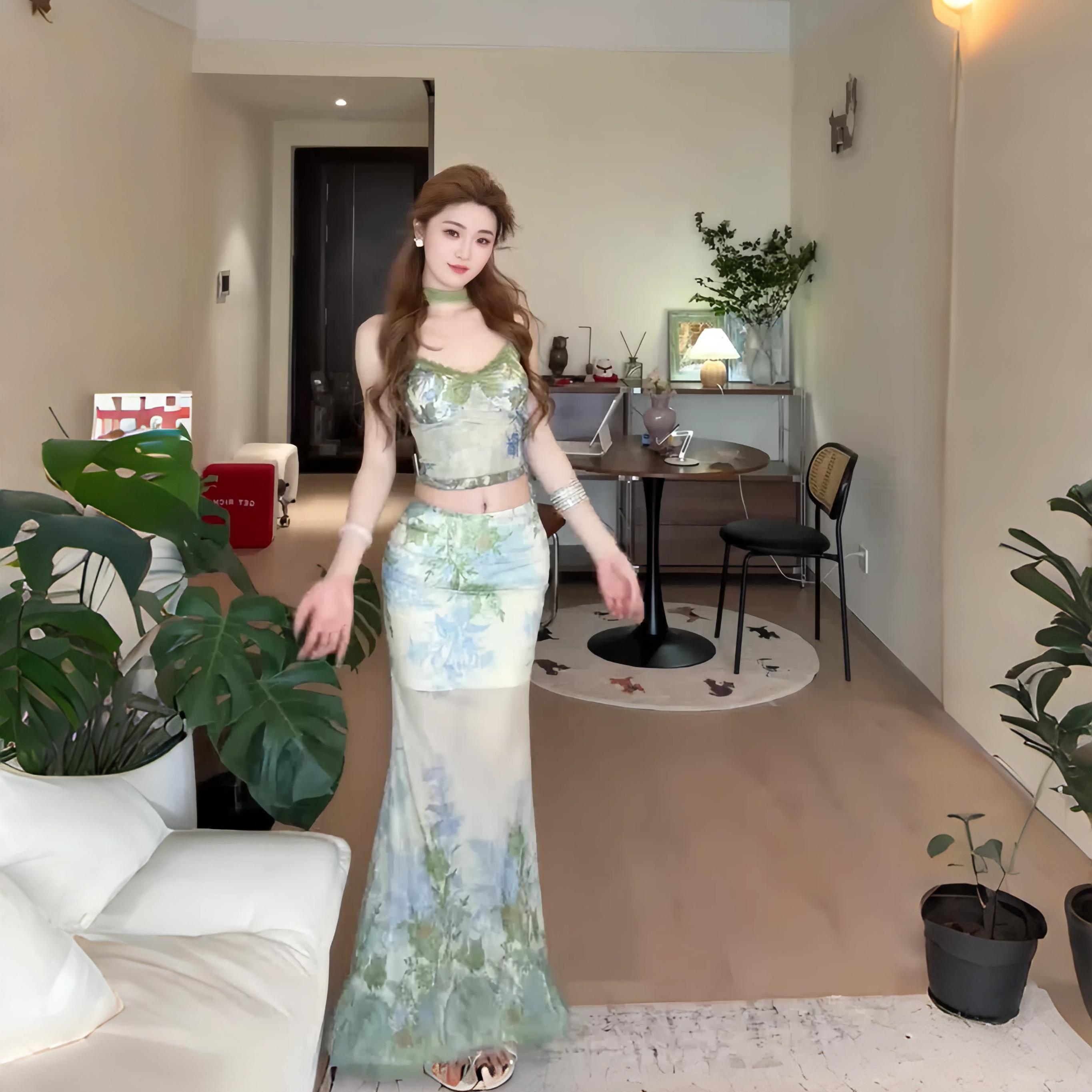 新中式复古吊带上衣包臀鱼尾裙