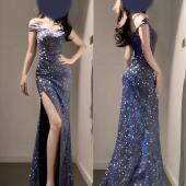小可wiwi蓝色闪闪连衣裙走秀生日宴会毕业成人礼礼服性感开叉长裙