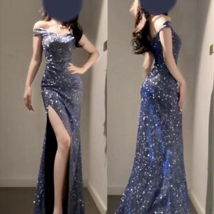 小可wiwi蓝色闪闪连衣裙走秀生日宴会毕业成人礼礼服性感开叉长裙