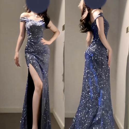 无袖法式一字肩亮片小礼服裙