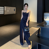 小可wiwi高级感深蓝色抹胸开叉长裙女无袖 一字领性感华丽风礼服裙