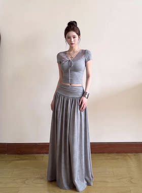 小可wiwi灰色蕾丝V领短款短袖上衣高腰褶皱垂感阔腿长裙两件套装