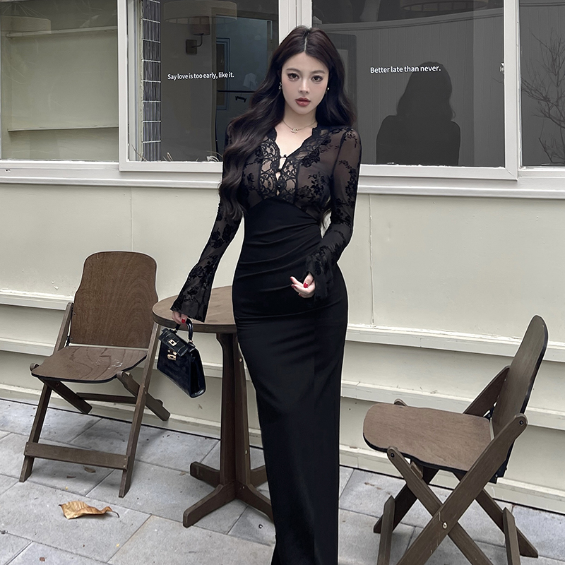 黑色蕾丝御姐风连衣裙性感包臀裙