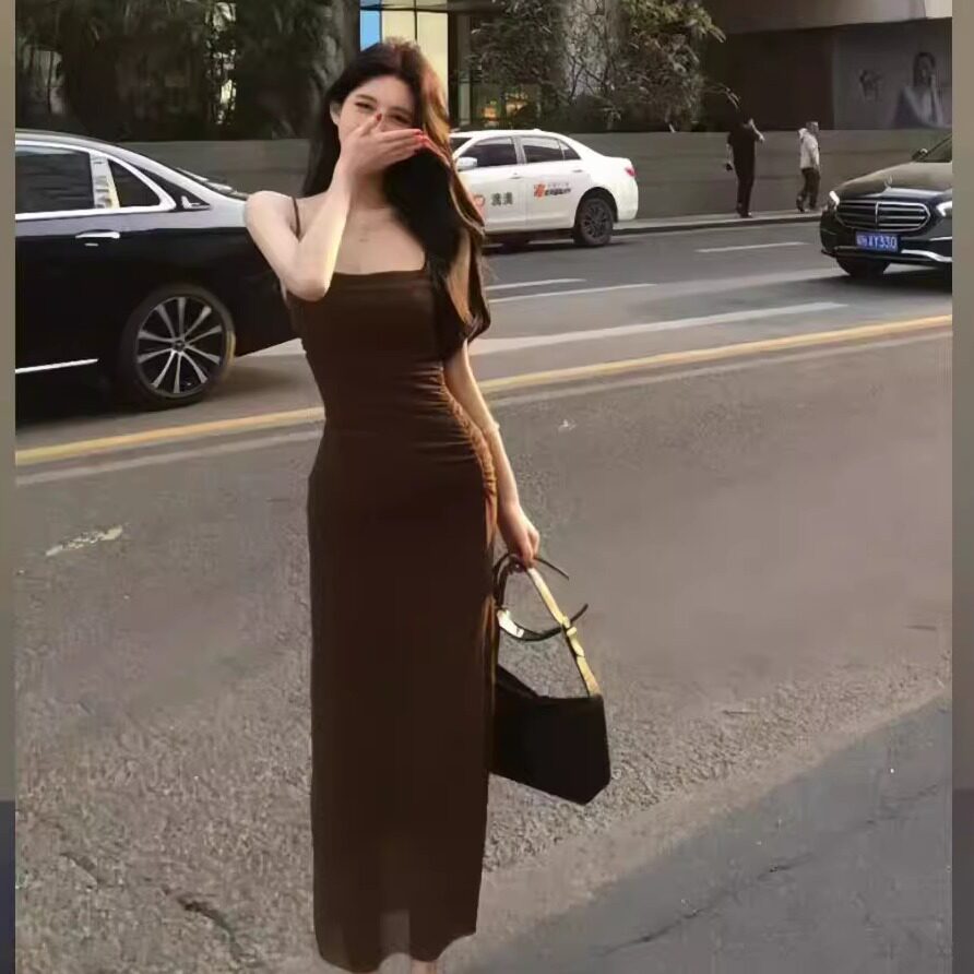 小可wiwi纯欲网纱吊带连衣裙女2025夏季新款褶皱辣妹修身包臀长裙