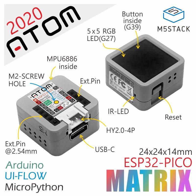 官方M5Stack ATOM Matrix ESP32嵌入式开发套件 MPU6886 Ar duino 电子元器件市场 开发板/学习板/评估板/工控板 原图主图