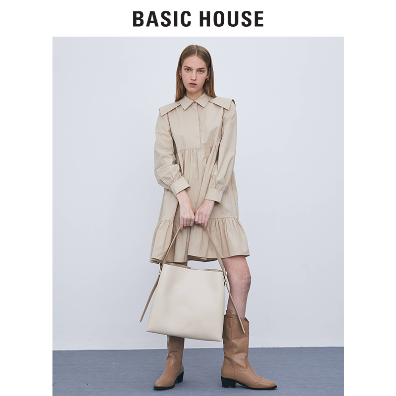 Basic House/百家好2022年秋新款翻领长袖连衣裙少女B0142B50632