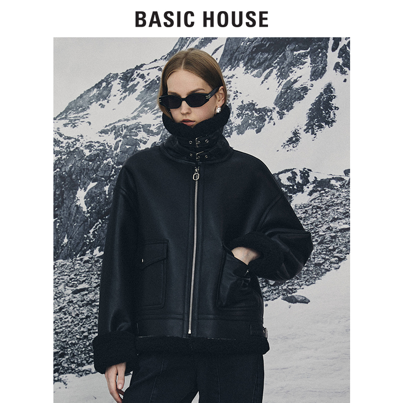 Basic House/百家好2022秋冬新羊羔毛翻领机车外套女 B0142B50862