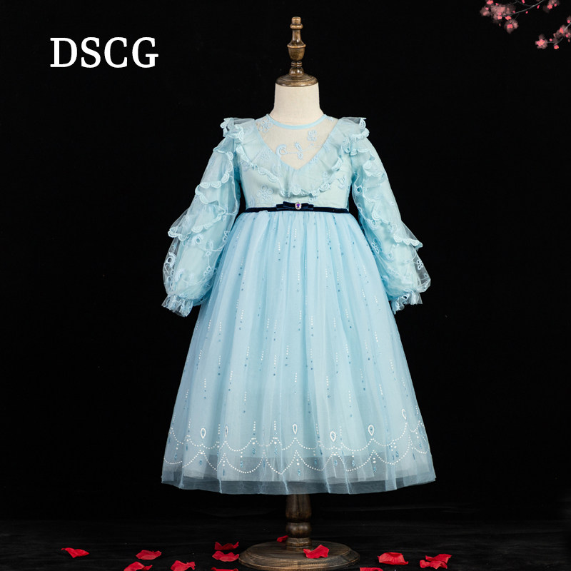 女童公主裙2024秋装新款长袖高端蕾丝长款儿童连衣裙蓬蓬纱裙子