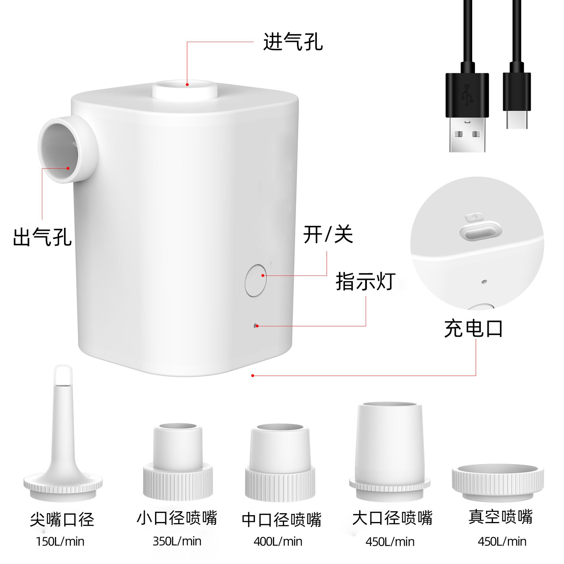 户外充气迷你便携充气泵气垫床充气泵usb直插版迷你电动充气泵