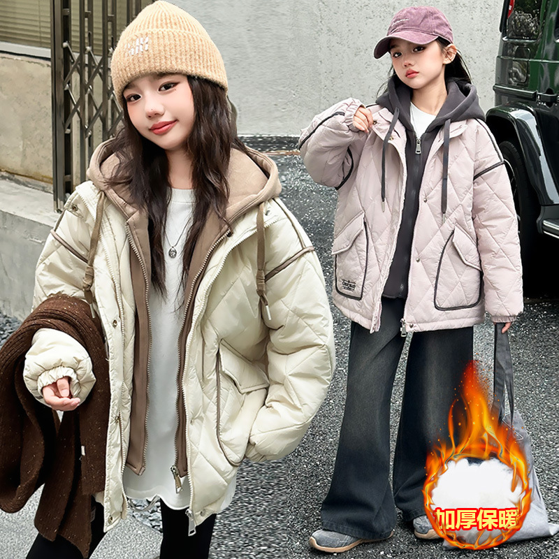 冬季女童装冬款棉衣2024新款洋气儿童夹棉外套大童假两件棉服冬装