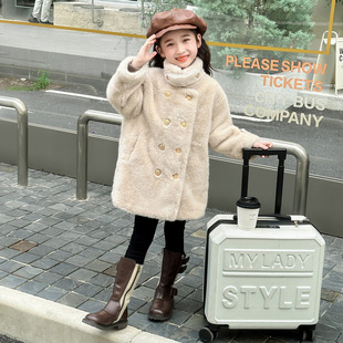 女童冬外套2024新款儿童冬装加厚仿皮草上衣双排扣皮毛一体大衣