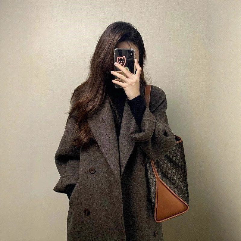 2025新款秋冬韩系西装毛呢子外套中长款美拉德单面薄款大衣女