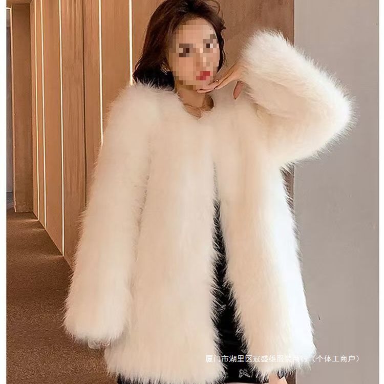 中长款领简约仿狐狸毛皮草外套女2024秋冬托卡毛毛大衣