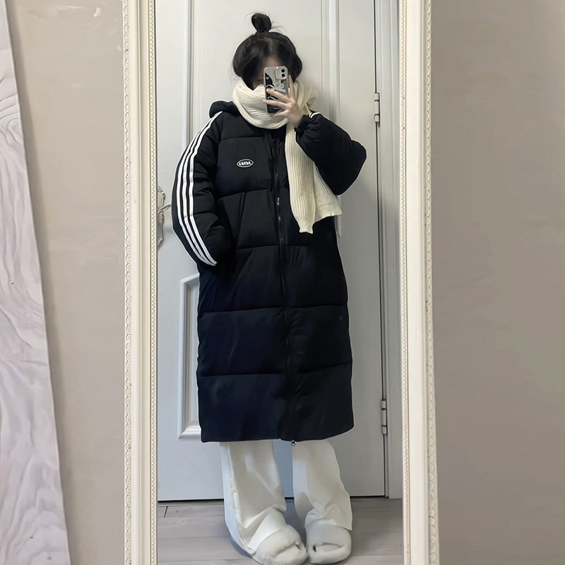 羽绒棉服女2025新款冬学院风三条杠棉袄外套长款过膝学生棉衣