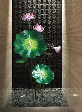 创意仿真不锈钢荷叶摆件室内铁艺荷花仿真花户外鱼池水景金属装饰