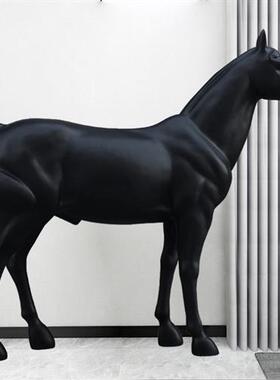 玻璃钢大马雕塑创意摆件庭院落地大型装饰品闪亮黑简约现代动物摆