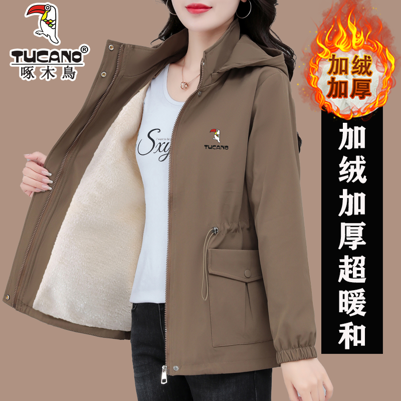 啄木鸟加绒加厚中长款风衣2025新款中年妈妈洋气秋冬休闲收腰外套