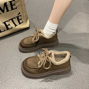 复古勃肯鞋女2025冬季新款厚底加绒加厚保暖棉鞋羊羔毛软底小皮鞋
