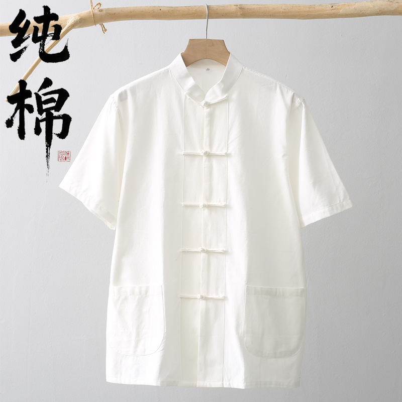 新款夏季纯棉唐装男短袖中老年中国风中式复古休闲宽松盘扣衬衫