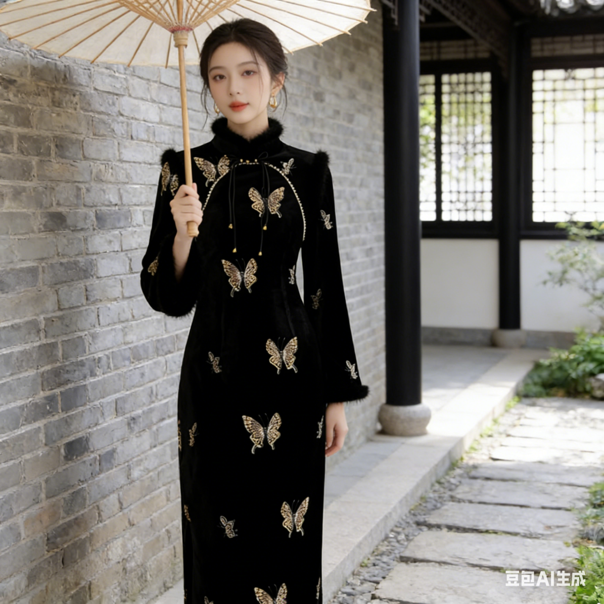 复古风黑色蝴蝶珠绣长袖旗袍女加绒高贵气质新中式改良长裙