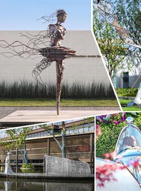 不锈钢镜面抽象艺术人物雕塑定制别墅庭院景观水景发光金属摆件