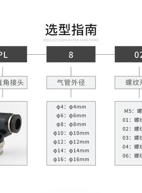 黑色0气动管插接头快速接头90度L型弯头 气PL4-M5/6-01/8-02/10-3