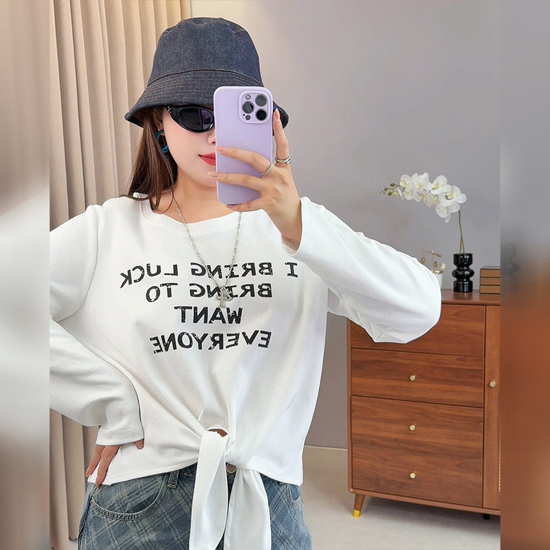 双天2025秋季新款大码胖mm女装设计感字母印花长袖上衣女T恤W-232