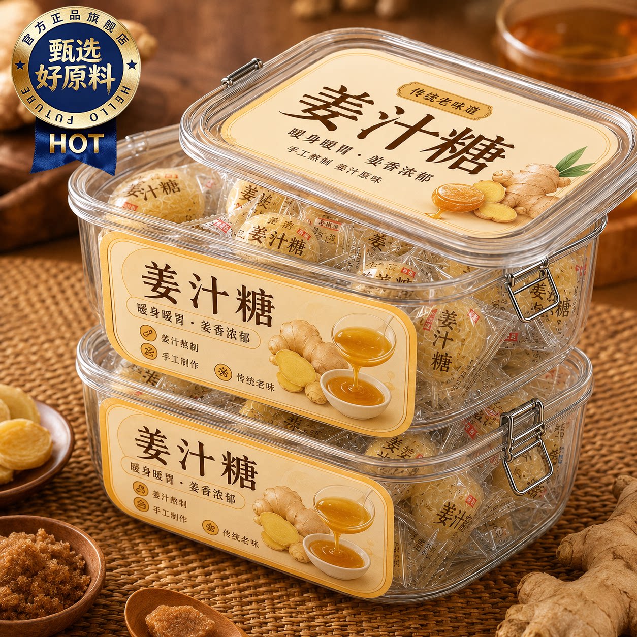 姜糖姜汁糖纯手工老姜糖山东特产芝麻红糖姜糖生姜糖硬质糖果零食