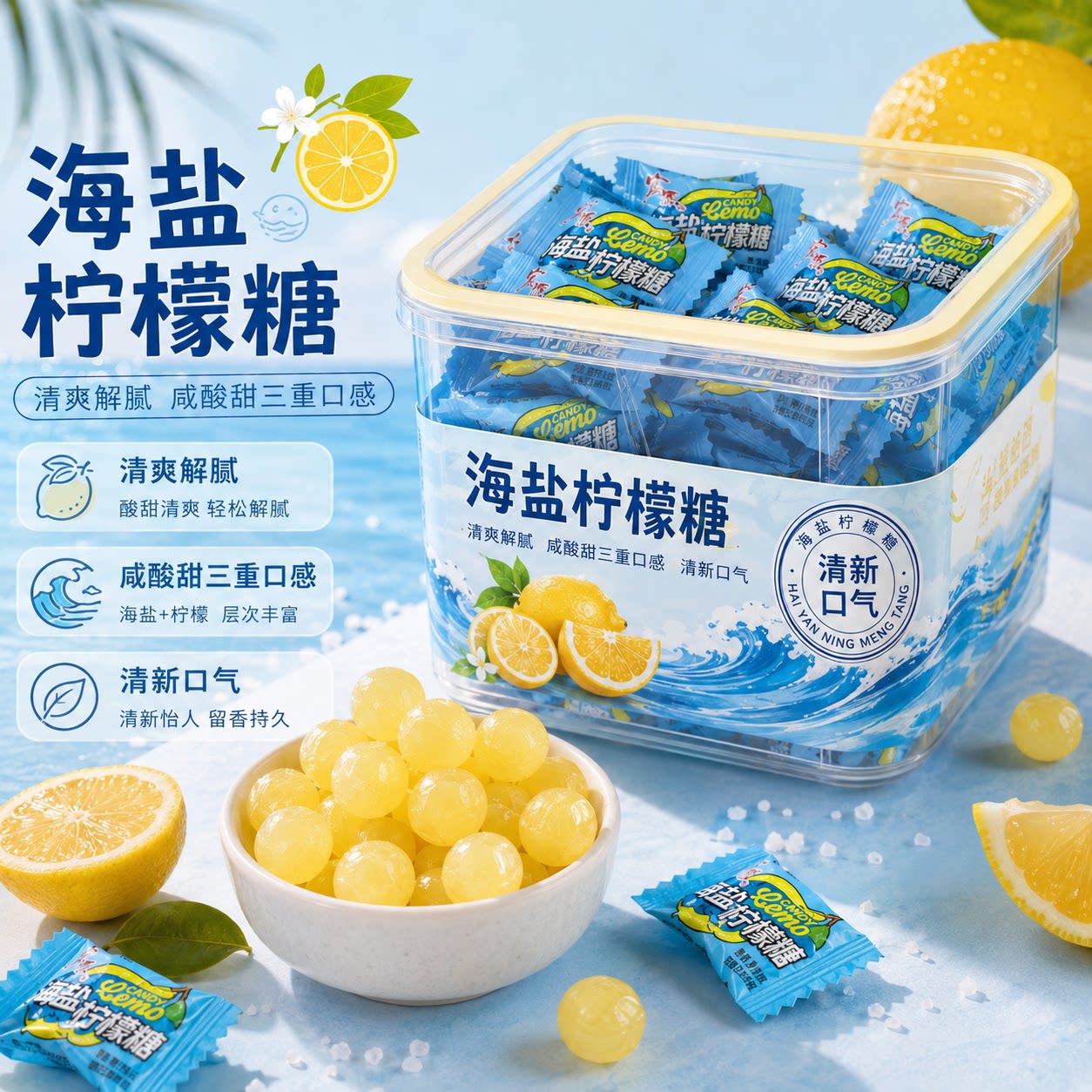 柠檬糖海盐咸柠檬糖润喉糖酸味果汁硬糖儿童解馋零食喜糖休闲零食