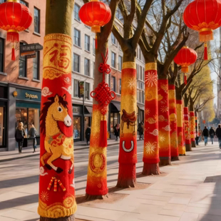 2026马年毛线树美陈装饰户外景区新年树木毛衣布置大树新衣装饰树