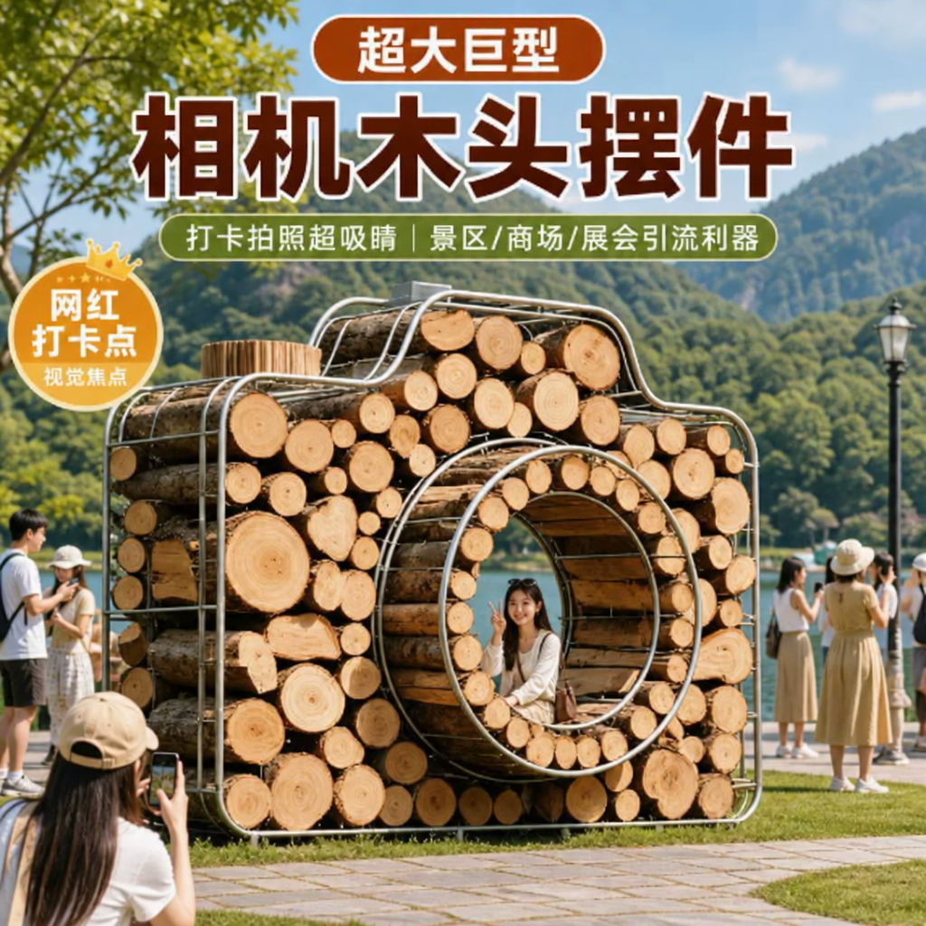 网红户外木头卡通动物雕塑定制印字LOGO商业美陈拍照引流打卡景观