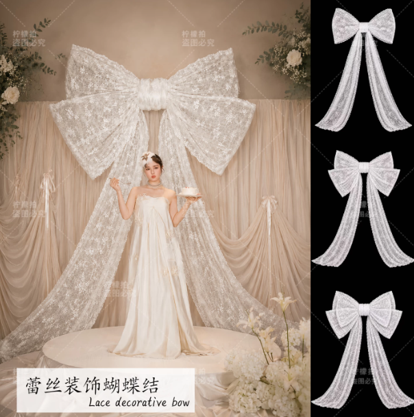 法式轻奢风蕾丝蝴蝶结婚礼迎宾布置派对舞台背景装饰拍照置景道具