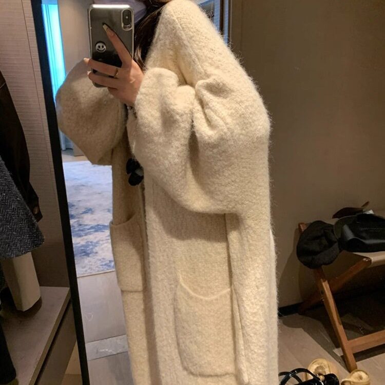 韩系软糯感慵懒风中长款针织开衫女秋冬加厚宽松毛衣外套大衣