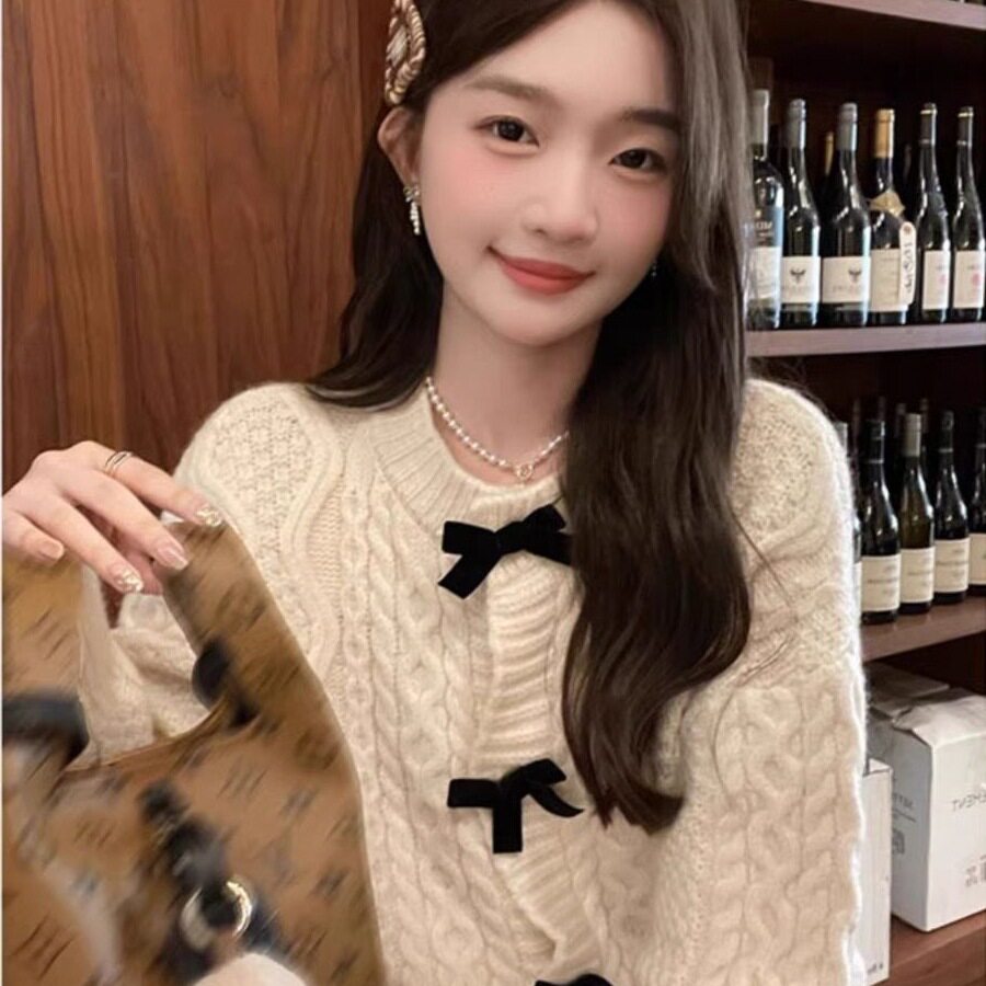 蝴蝶结毛衣外套女秋冬外穿宽松日系慵懒复古麻花韩版甜美减龄开衫