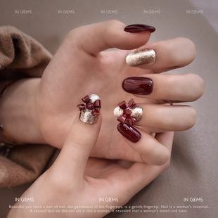 In Gems红丝绒美甲穿戴式可拆卸新款假指甲光疗贴片手工定制