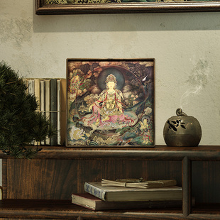 新中式黄铜桌面摆件水月观音唐卡摆件卧室书房客厅高级桌面装饰品