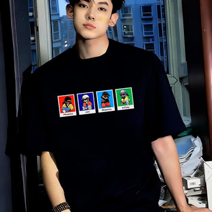 纯棉百搭藏青色半袖 美式 新款 T恤男2026年夏季 上衣潮 创意印花短袖