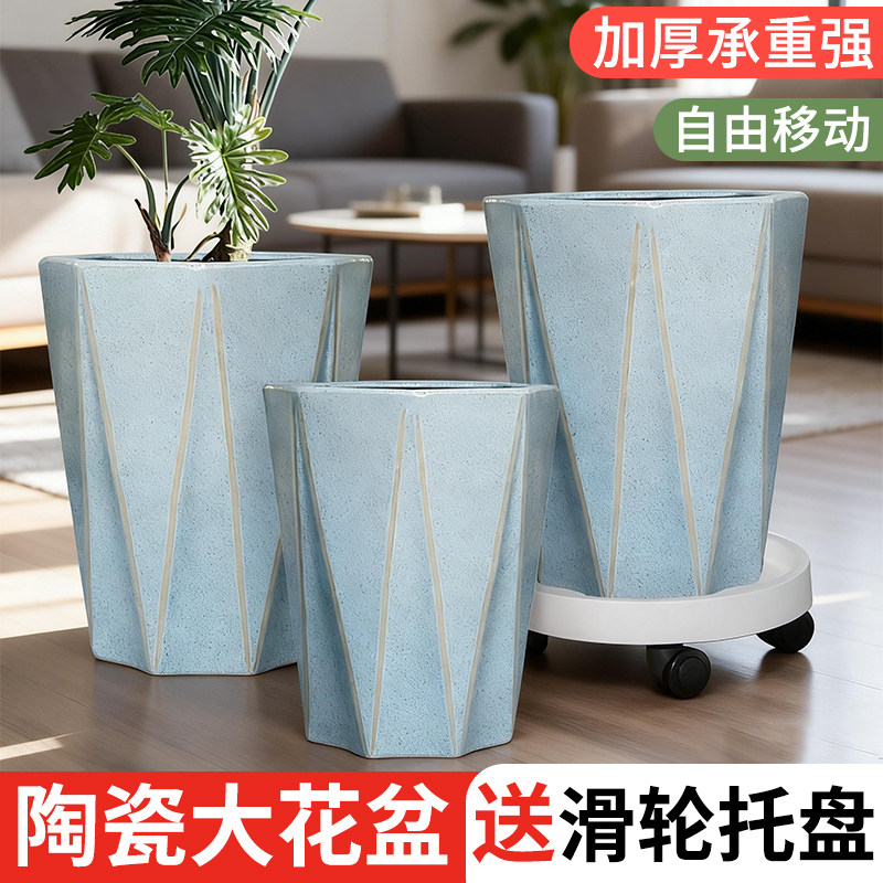 加厚陶瓷大理石带轮排水落地花盆图片