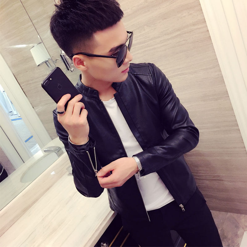 精神小伙小码机车皮衣夹克男xs号s发型师短款紧身pu皮立领外套155